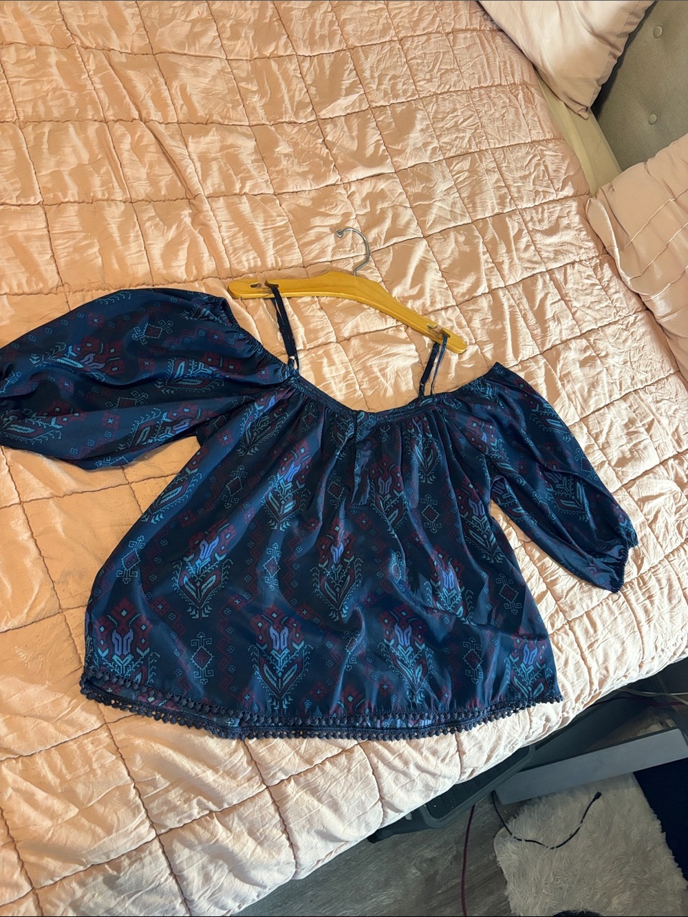 Off-Shoulder Navy Blue Printed Peasant Top
